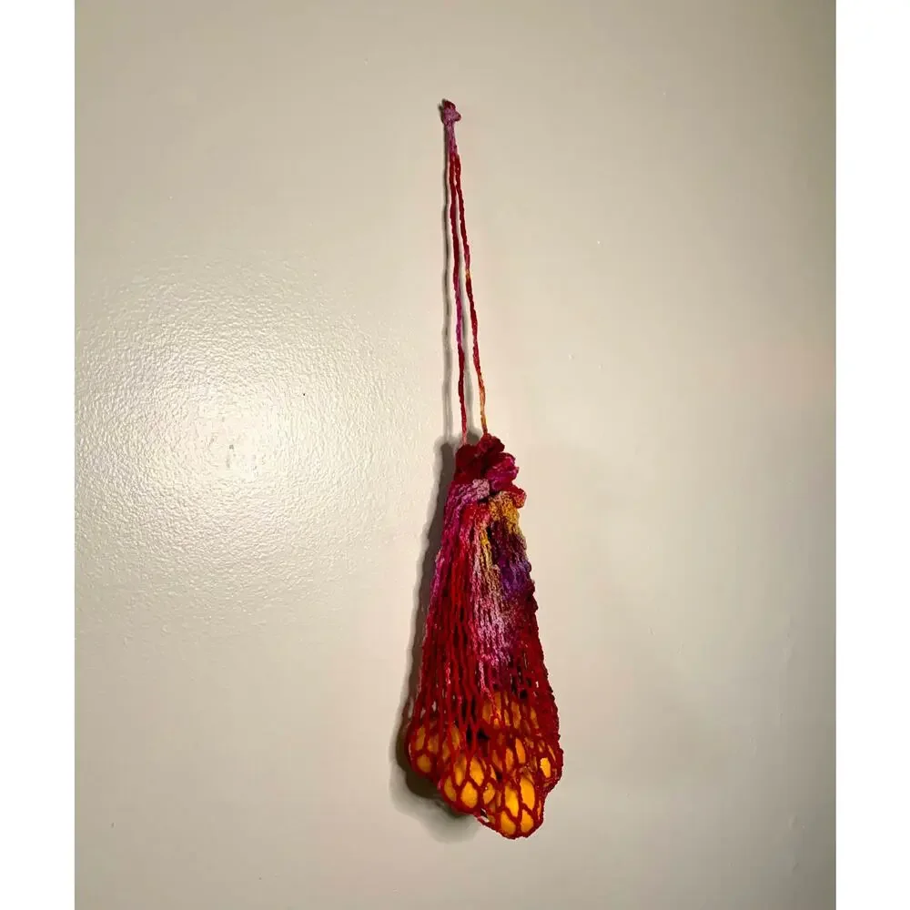 Vintage Crochet Drawstring Bag Hand Dyed Red Orange Purple Boho Mesh Fruit Sack